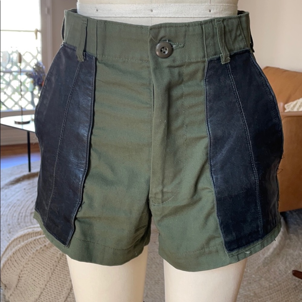 Reworked leather and cotton twill military shorts